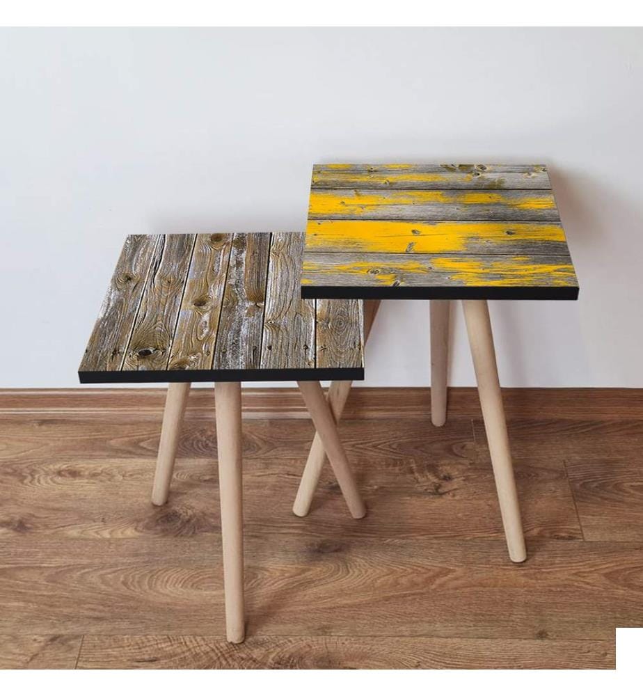 Table gigogne , 2 Pièces, Brun, Gris, Jaune, MDF, Pieds en hêtre