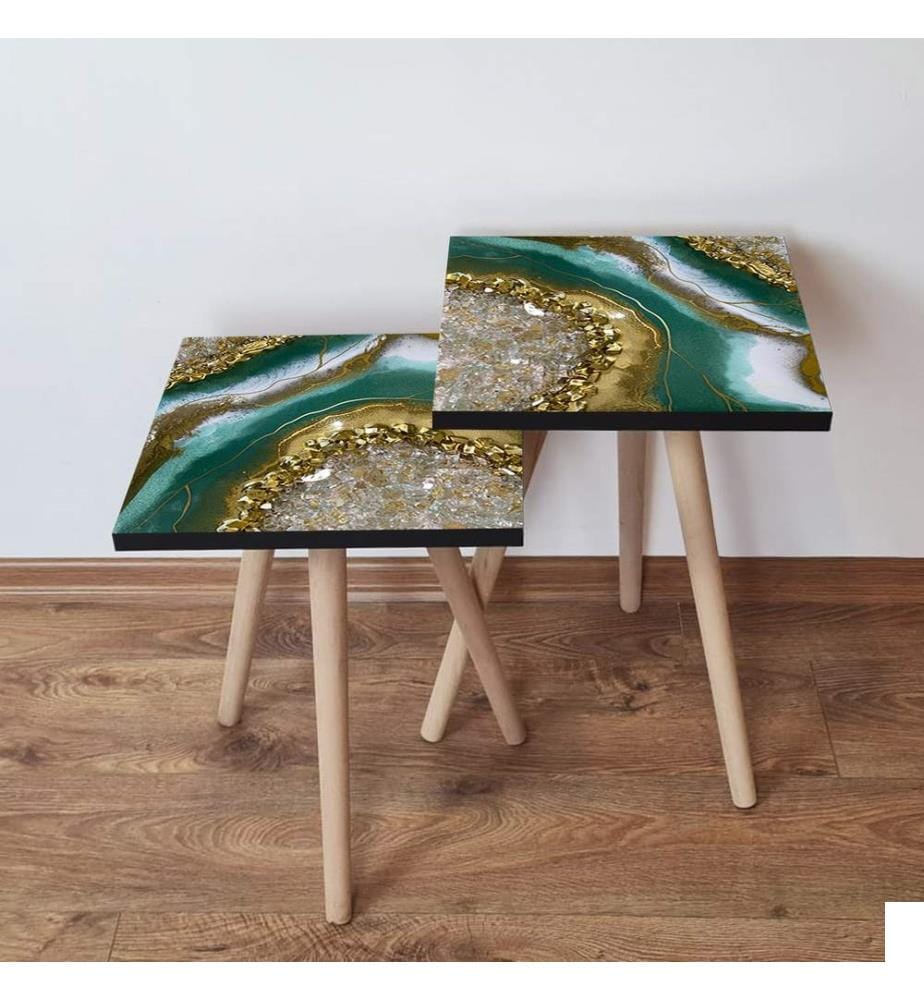 Table gigogne, 2 pièces, beige, doré, vert, blanc, 100 % MDF, , pieds en bois de hêtre