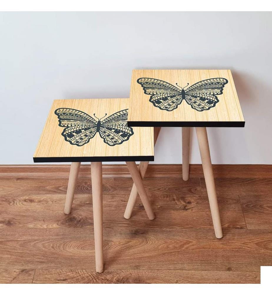 Table gigogne, 2 pièces, beige, noir, 100 % MDF, , pieds en bois de hêtre