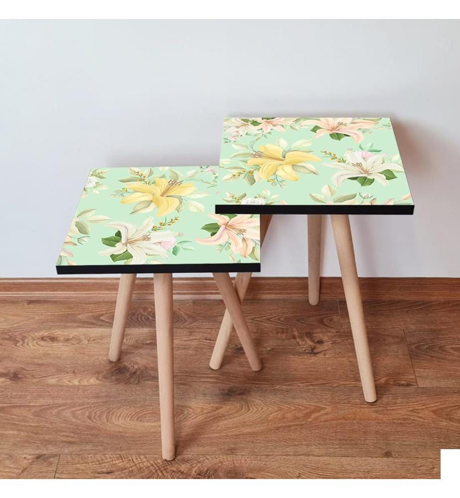 Table gigogne , 2 pièces, Multicolore, MDF, Pieds en hêtre