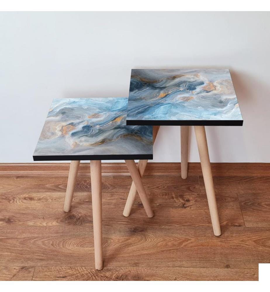 Table gigogne, 2 pièces, bleu, gris, orange, 100 % MDF, , pieds en bois de hêtre