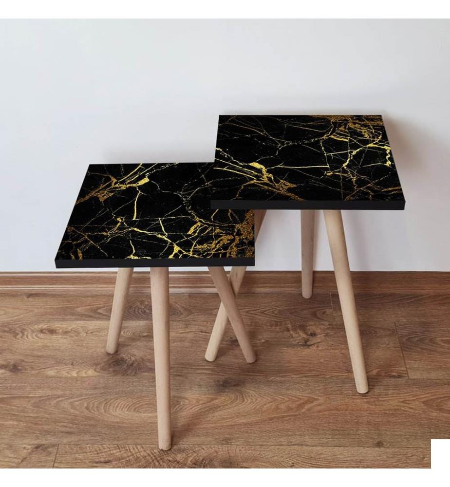 Table gigogne , 2 Pièces, Noir, Or, MDF, Pieds en hêtre