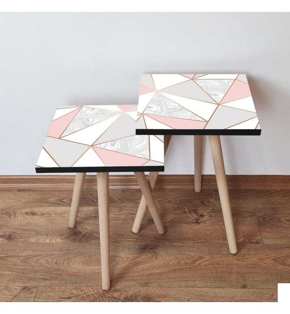 Table gigogne , 2 Pièces, Rose, Beige, Gris, MDF, Pieds en hêtre