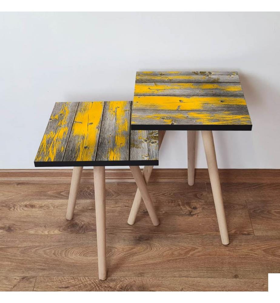 Table gigogne , 2 Pièces, Gris, Jaune, MDF, Pieds en hêtre