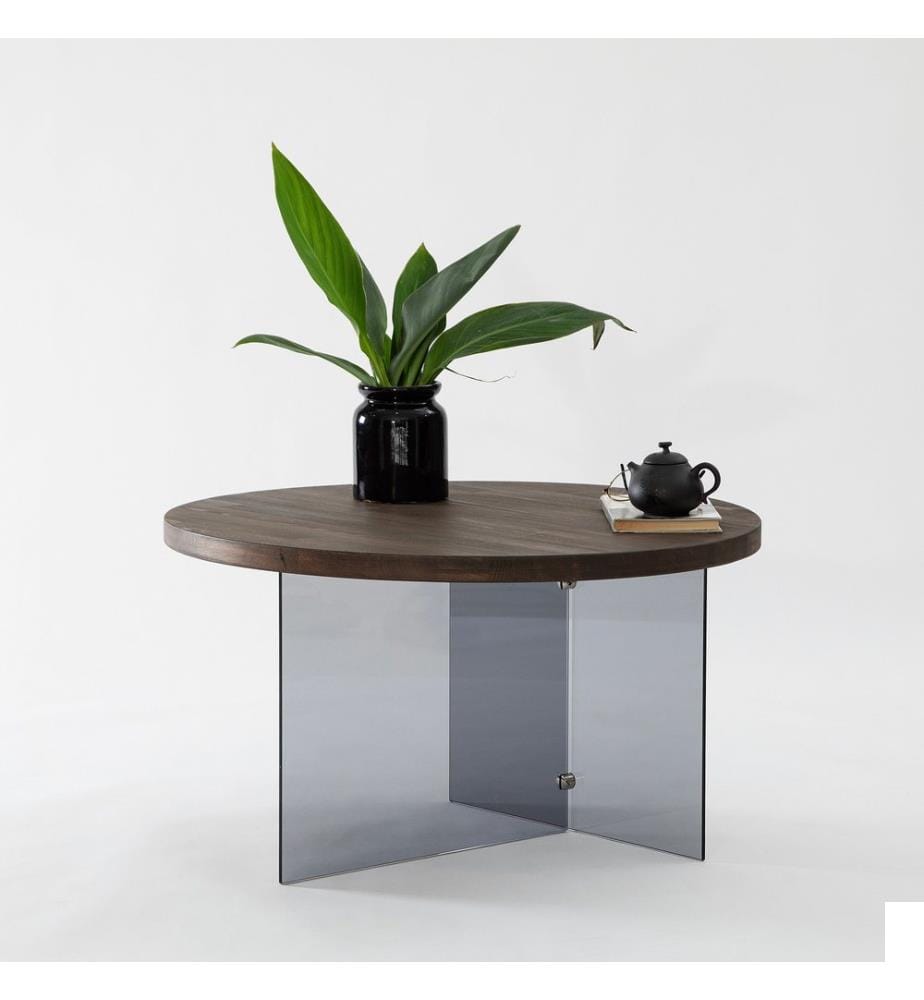 Table basse, Noyer, Gris foncé, Verre trempé, Piétement : MDF