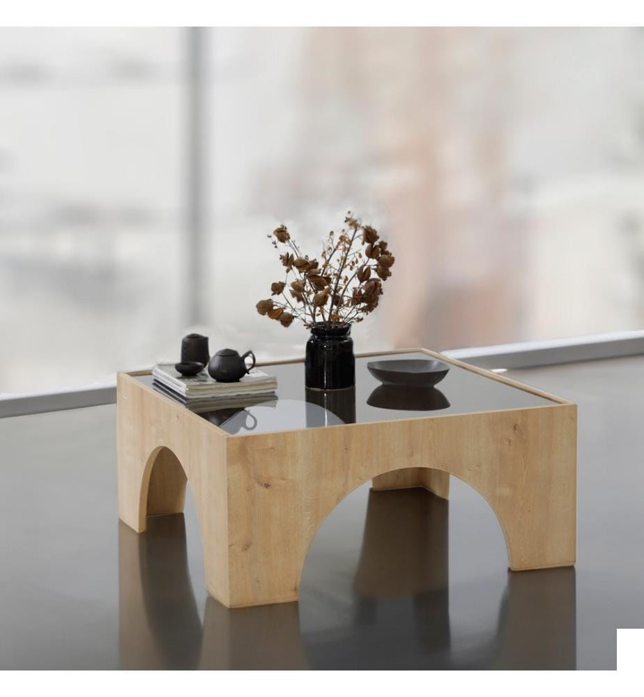 Table basse, Gris foncé, Chêne, Verre trempé, Châssis : Panneau de particules mélaminé