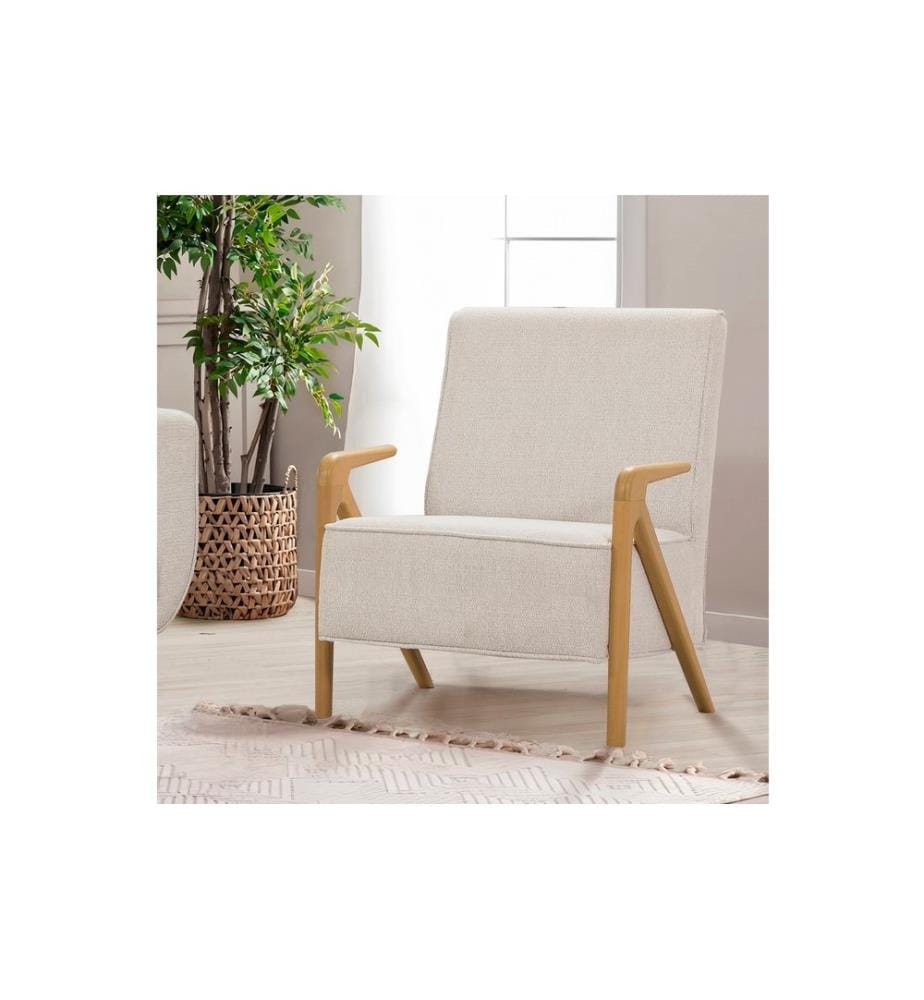 Fauteuil à oreilles, chêne, crème, structure : BOIS DE HÊTRE ET DE PEUPLIER, tissu : 70 % POLYESTER / 30 % COTON, pieds en bois