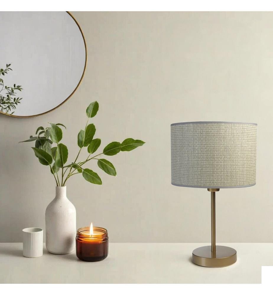 Lampe de table, crème, dorée, CORPS EN MÉTAL, abat-jour en bambou