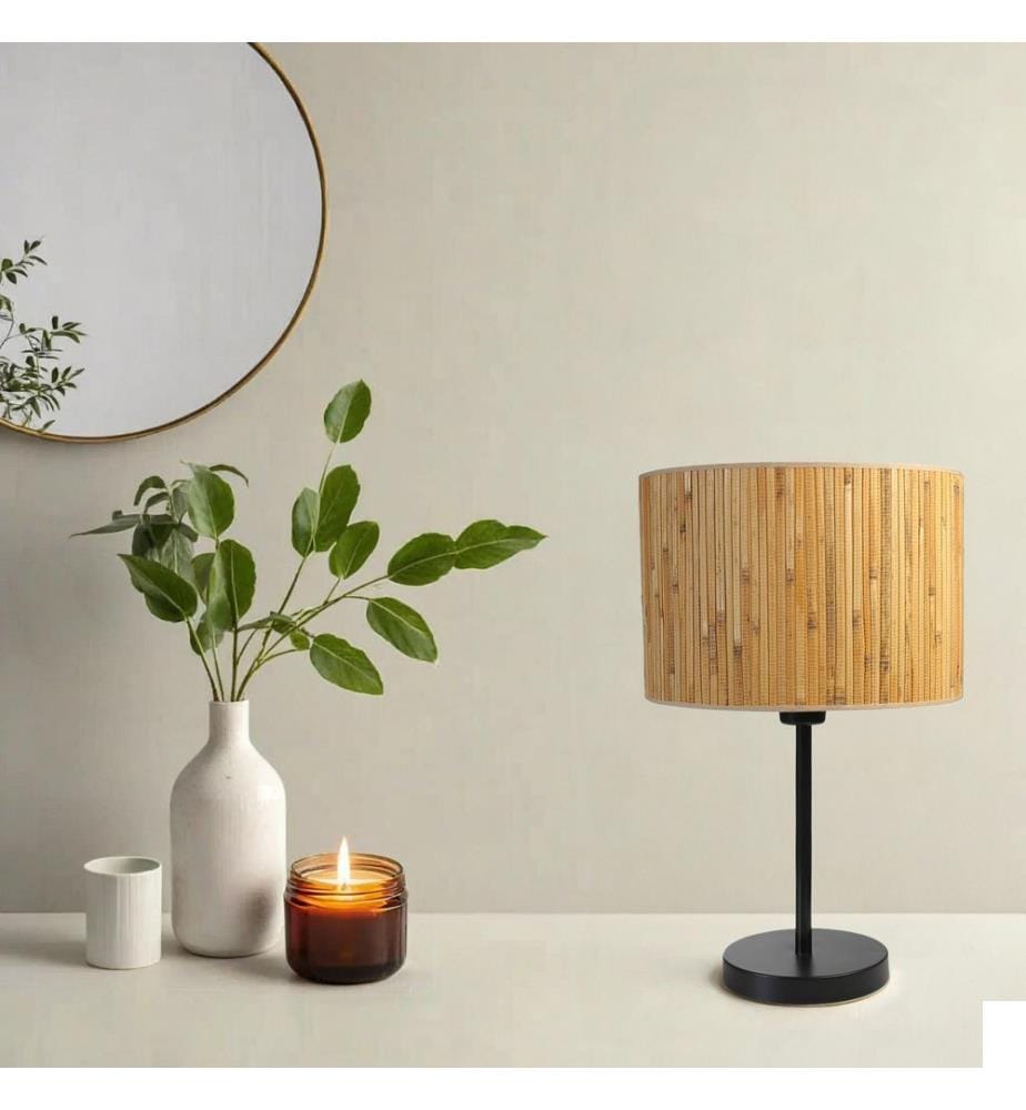 Lampe de table, chêne, noire, CORPS EN MÉTAL, abat-jour en bambou