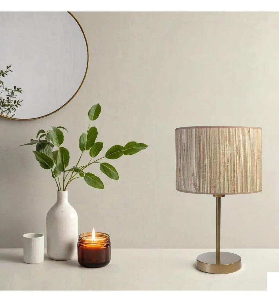 Lampe de table, chêne, dorée, CORPS EN MÉTAL, abat-jour en bambou