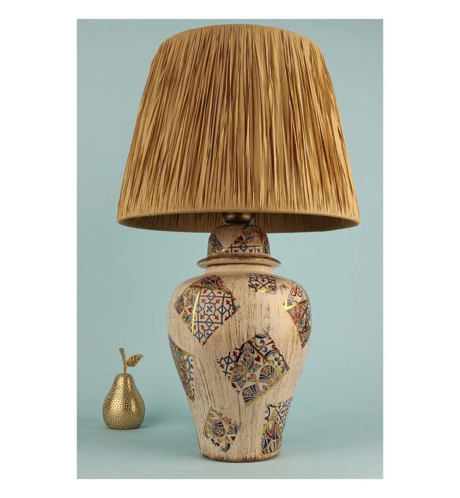 Lampe de table, crème, CORPS EN CÉRAMIQUE, CAPUCHON EN RAFIA
