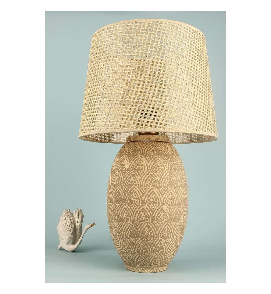Lampe de table, beige, CORPS EN CÉRAMIQUE, capuchon en rotin