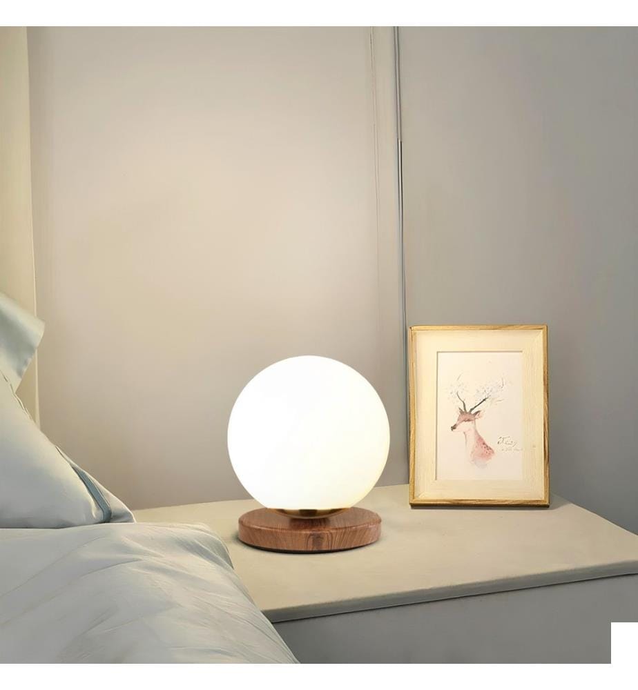 Lampe de table, blanche, corps en bois, capuchon en verre