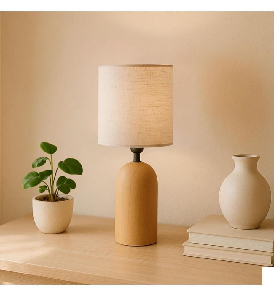 Lampe de table, crème, corps en bois, abat-jour en PVC