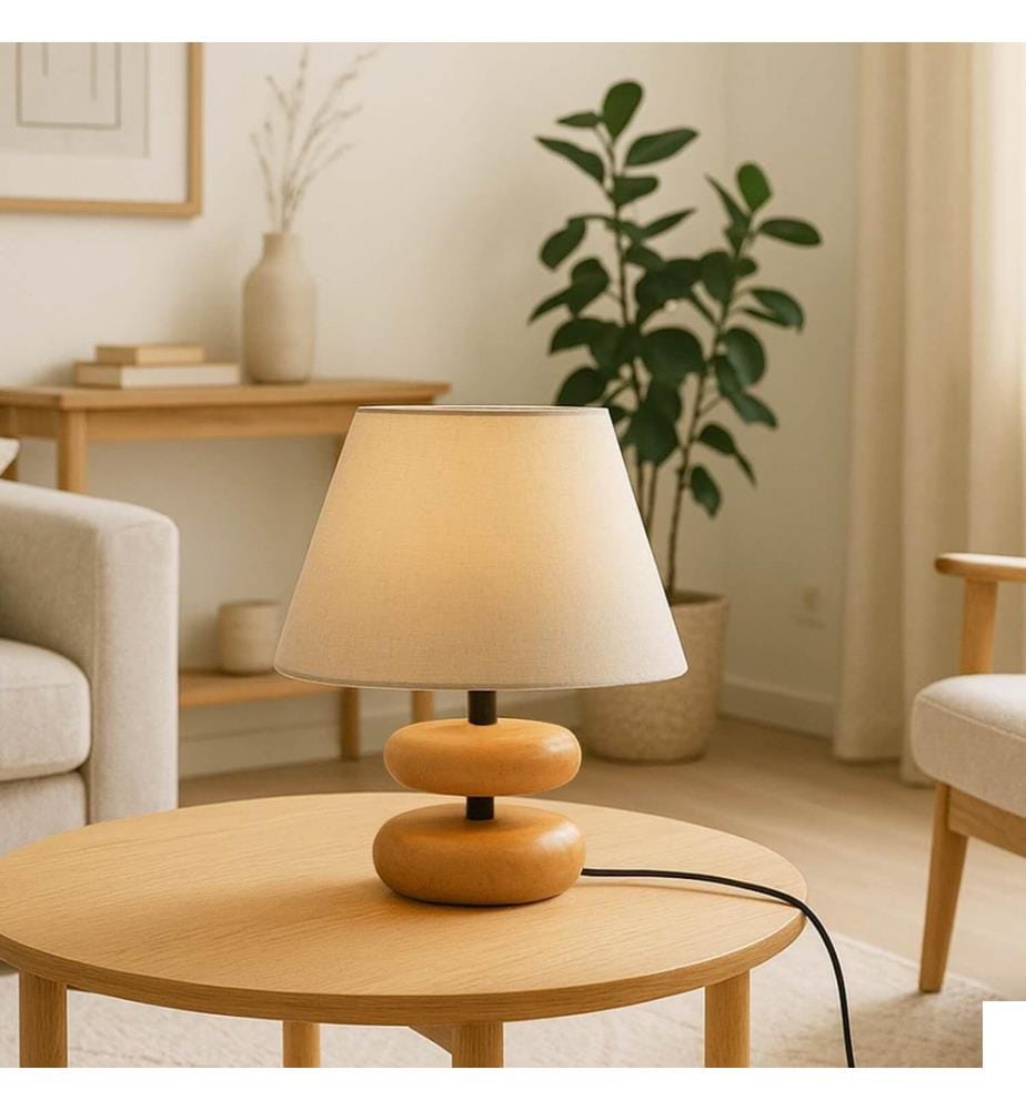 Lampe de table, beige, corps en bois, capuchon en PVC
