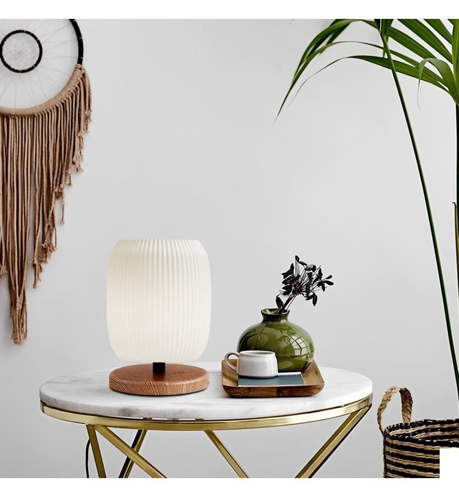 Lampe de table, crème, corps en bois, capuchon en plastique