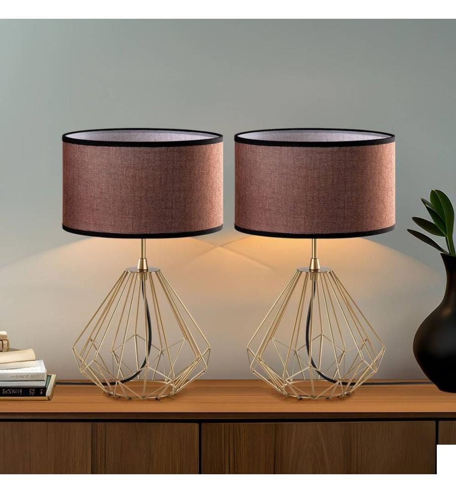 Ensemble de lampes de table, 2 pièces, doré, CORPS EN MÉTAL, abat-jour en tissu