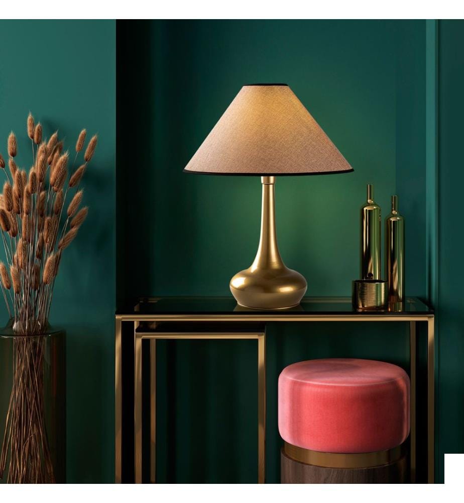 Lampe de table, dorée, corps en métal, capuchon en tissu