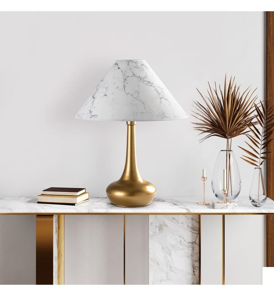Lampe de table, dorée, corps en métal, capuchon en tissu
