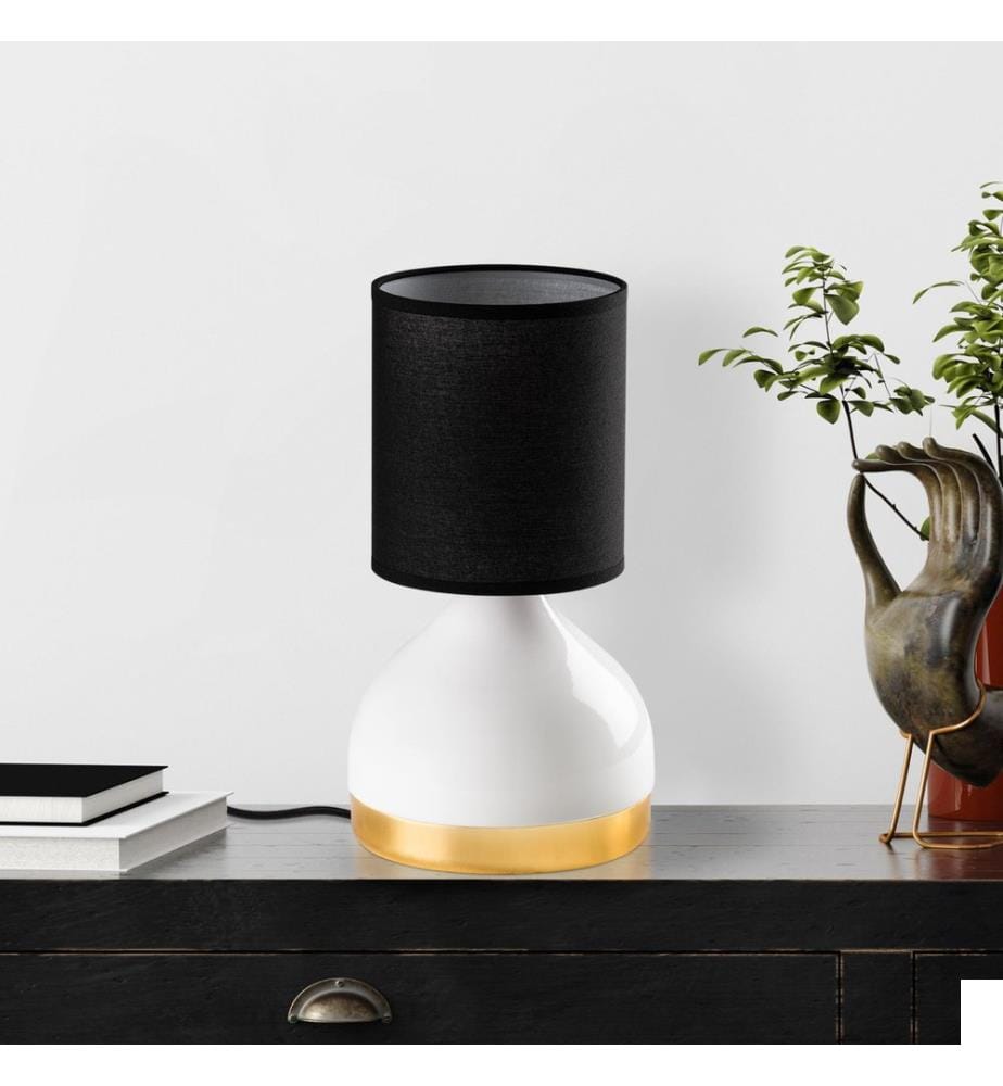 Lampe de table, blanche, corps en métal, capuchon en tissu