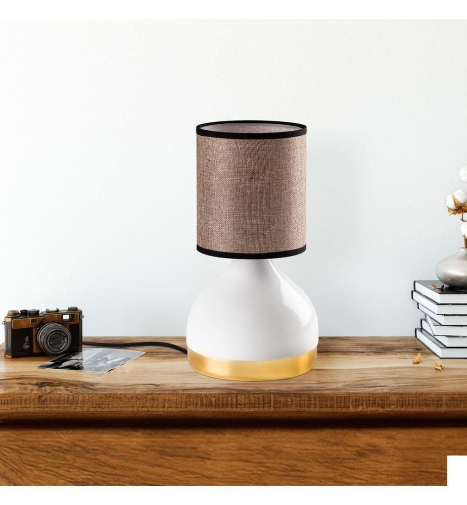 Lampe de table, blanche, corps en métal, capuchon en tissu