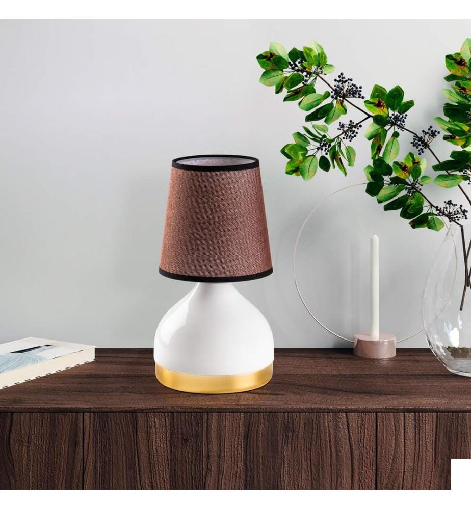 Lampe de table, blanche, corps en métal, capuchon en tissu