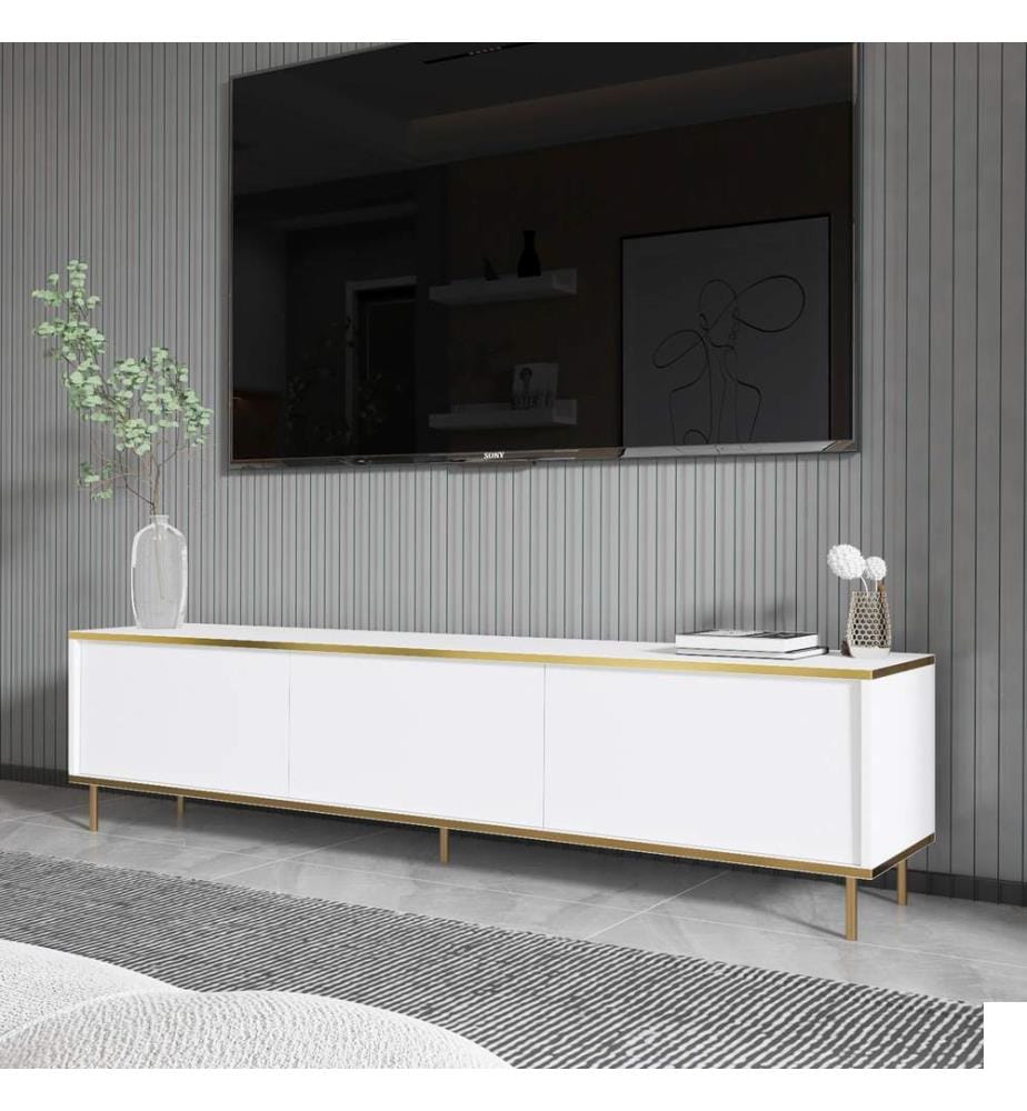 Meuble TV, Blanc, Or, 100% Melamine Particle Board