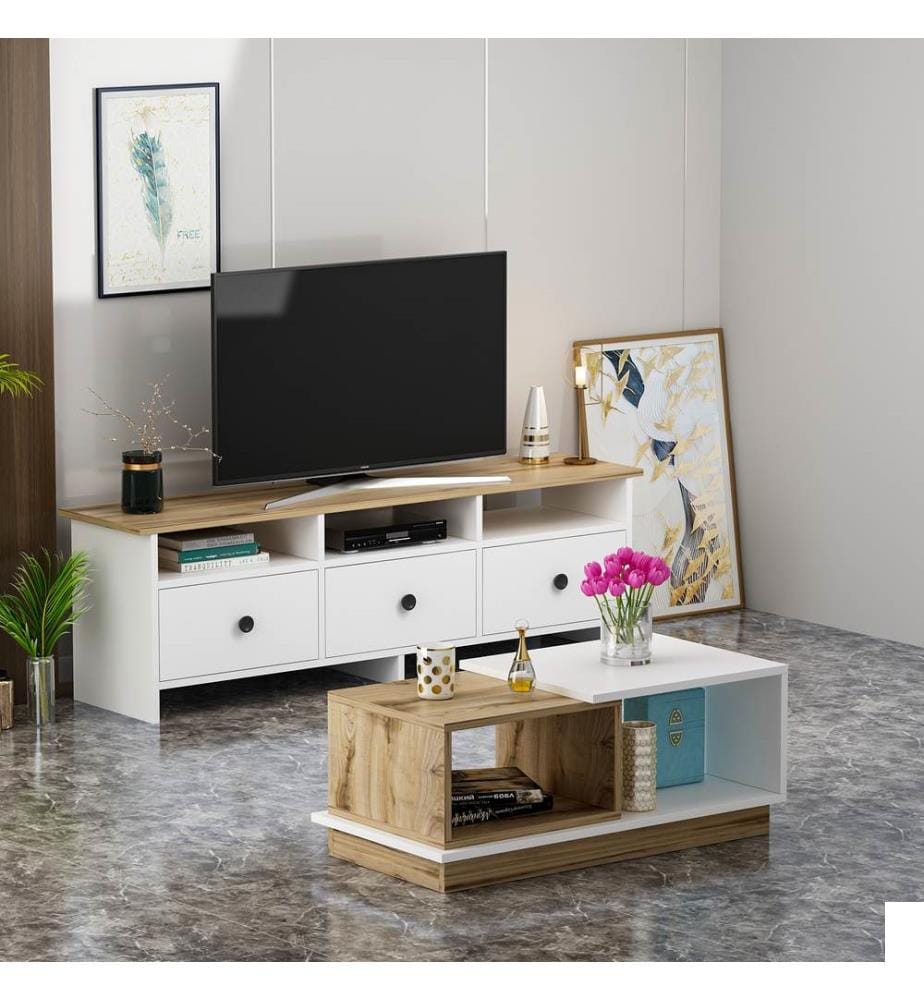 Blanc, Chêne, Salon, 47X150X36 cm, Plaque De Particules Enrobée De Mélamine