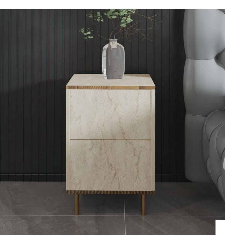 Table de chevet, travertin, doré, PANNEAU DE PARTICULES 100 % MÉLAMINÉ