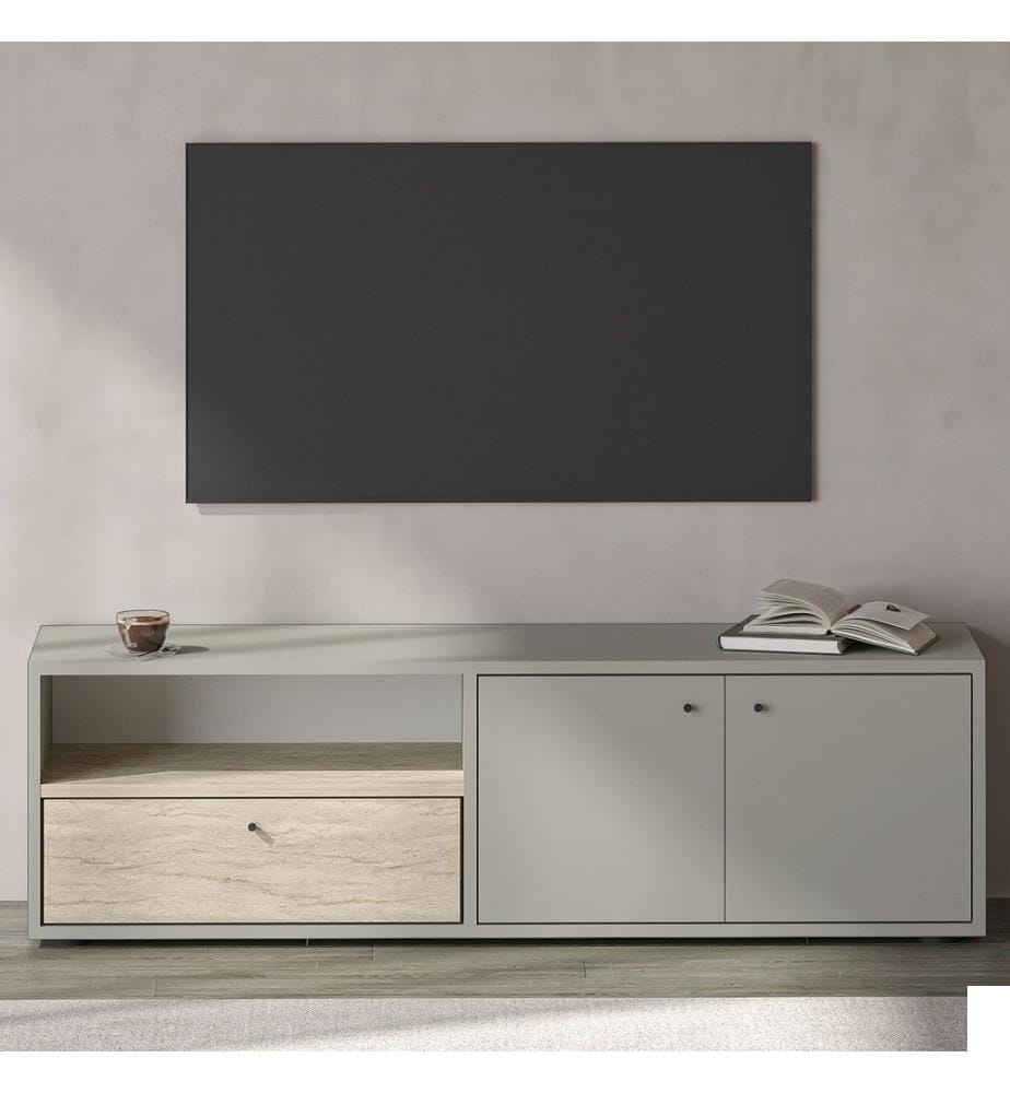 Meuble TV, gris, travertin, PANNEAU DE PARTICULES 100 % MÉLAMINÉ