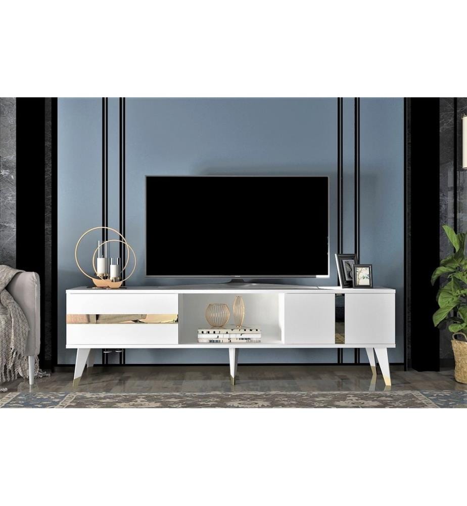 Meuble TV, Blanc, Or, Panneau de particules mélaminé
