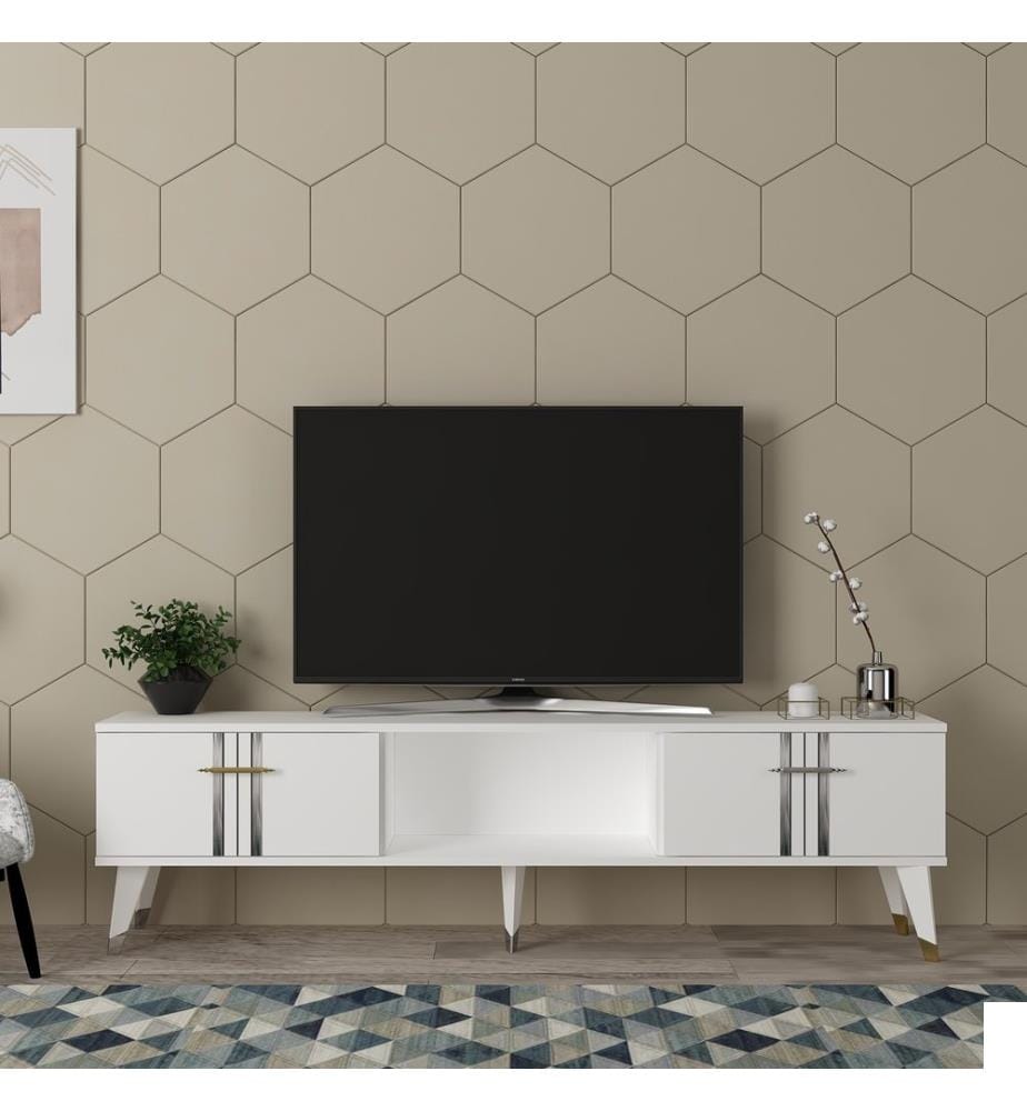 Meuble TV, blanc, argent, 100% Melamine Particle Board