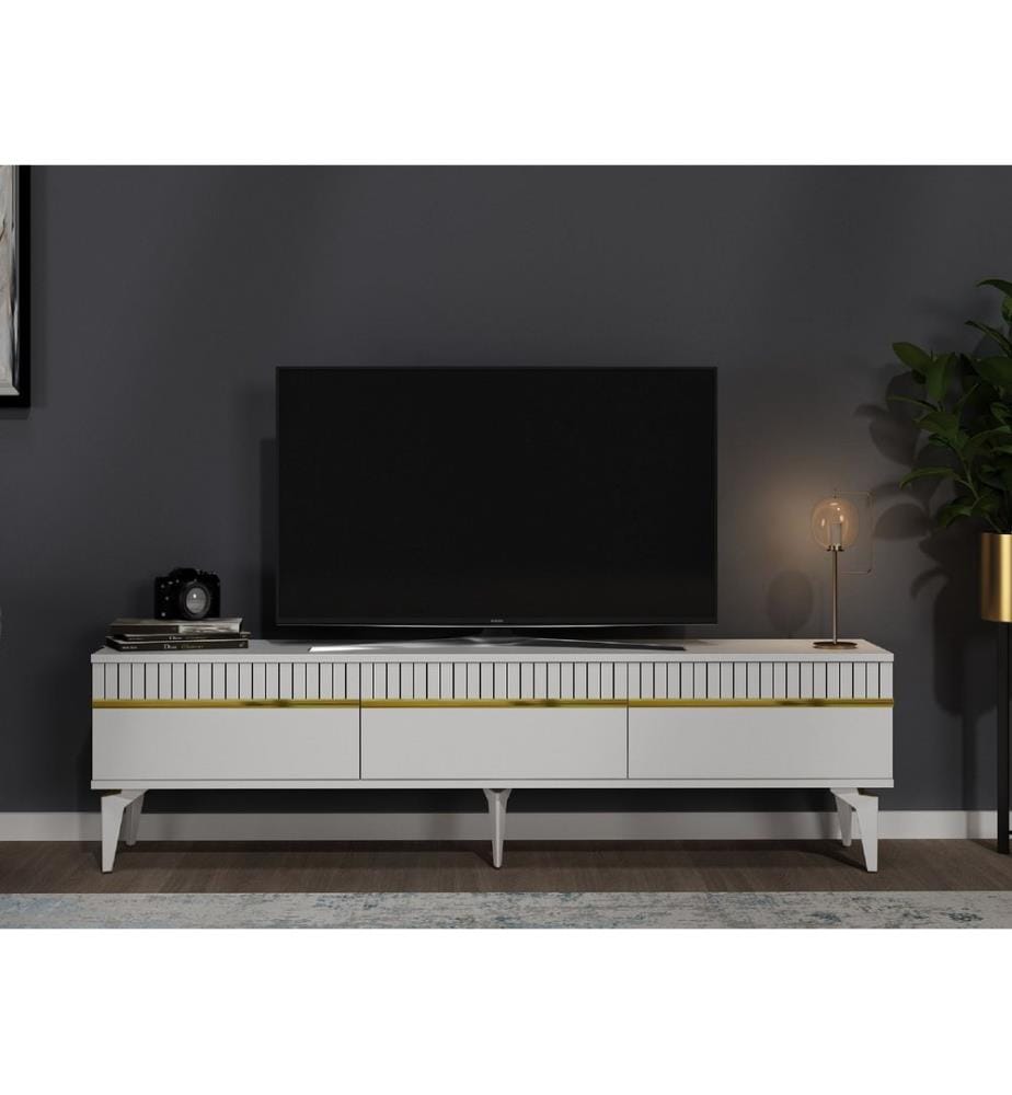 Meuble TV, blanc, doré, PANNEAU DE PARTICULES 100 % MÉLAMINÉ