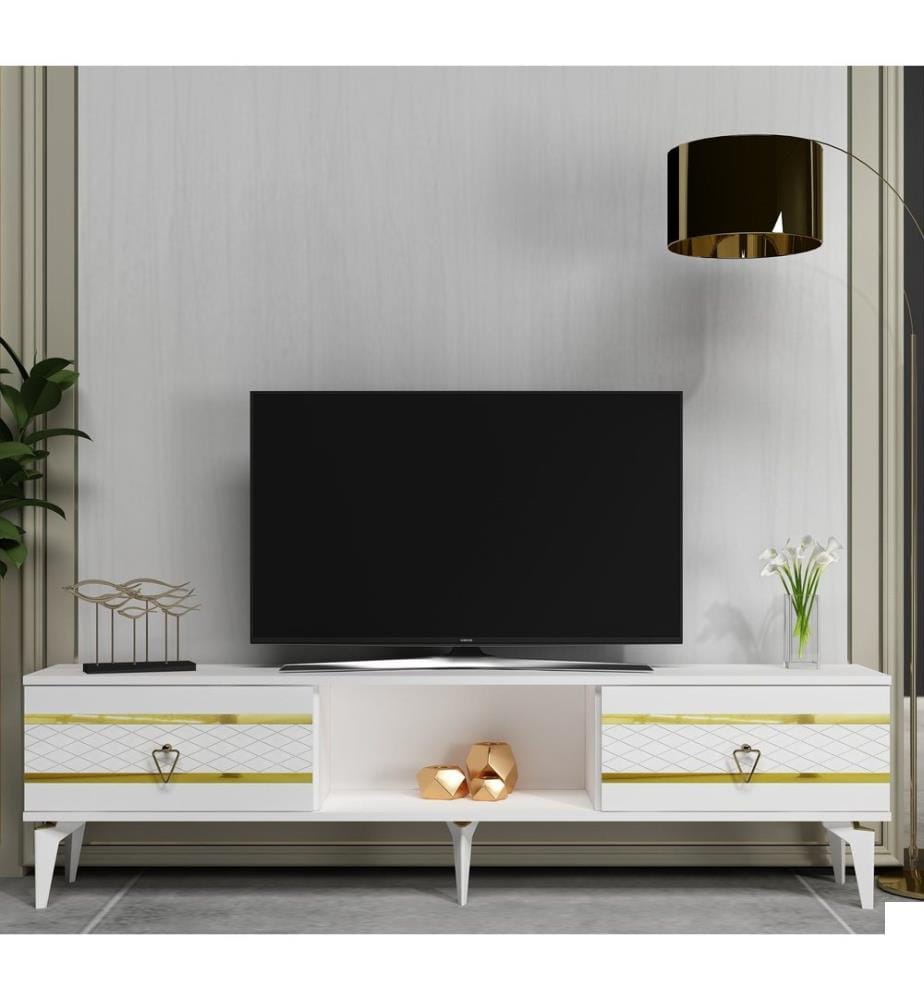 Meuble TV, blanc, doré, PANNEAU DE PARTICULES 100 % MÉLAMINÉ