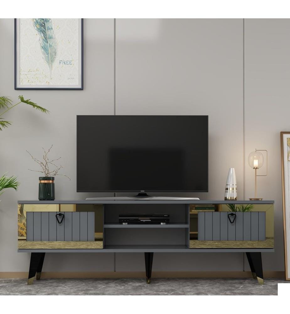 Meuble TV, anthracite, doré, PANNEAU DE PARTICULES 100 % MÉLAMINÉ