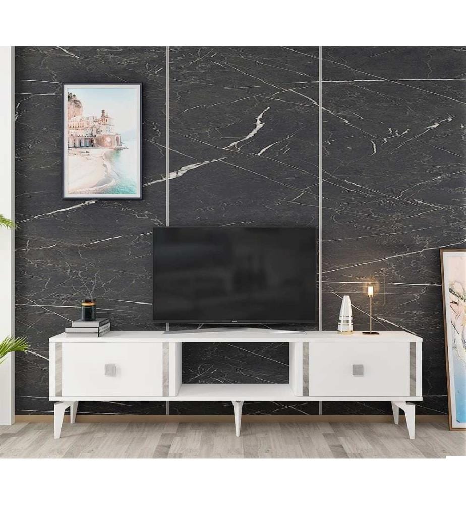 Meuble TV, blanc, argent, panneau de particules 100 % mélaminé