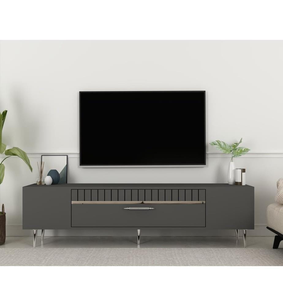 Meuble TV, anthracite, argenté, PANNEAU DE PARTICULES 100 % MÉLAMINÉ