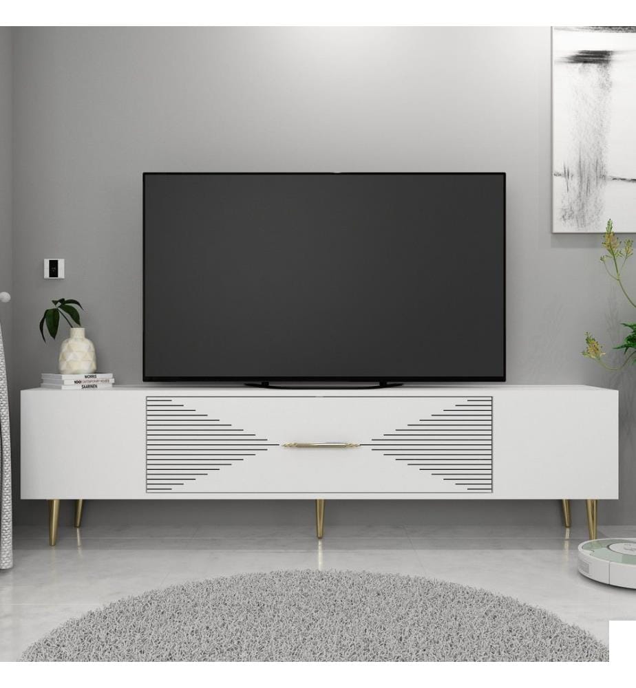 Meuble TV, blanc, doré, PANNEAU DE PARTICULES 100 % MÉLAMINÉ