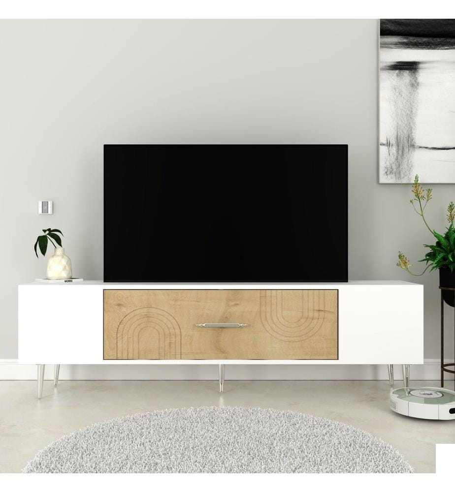 Meuble TV, chêne saphir, blanc, argenté, PANNEAU DE PARTICULES 100 % MÉLAMINÉ
