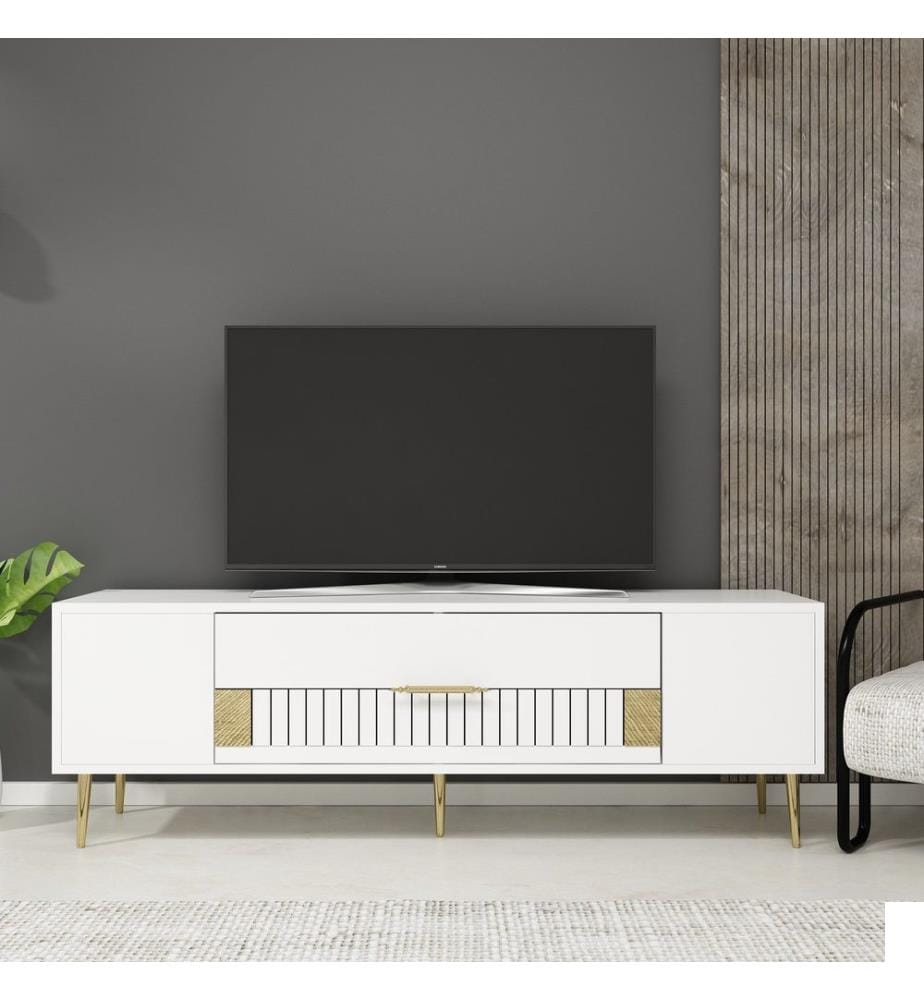 Meuble TV, blanc, doré, PANNEAU DE PARTICULES 100 % MÉLAMINÉ