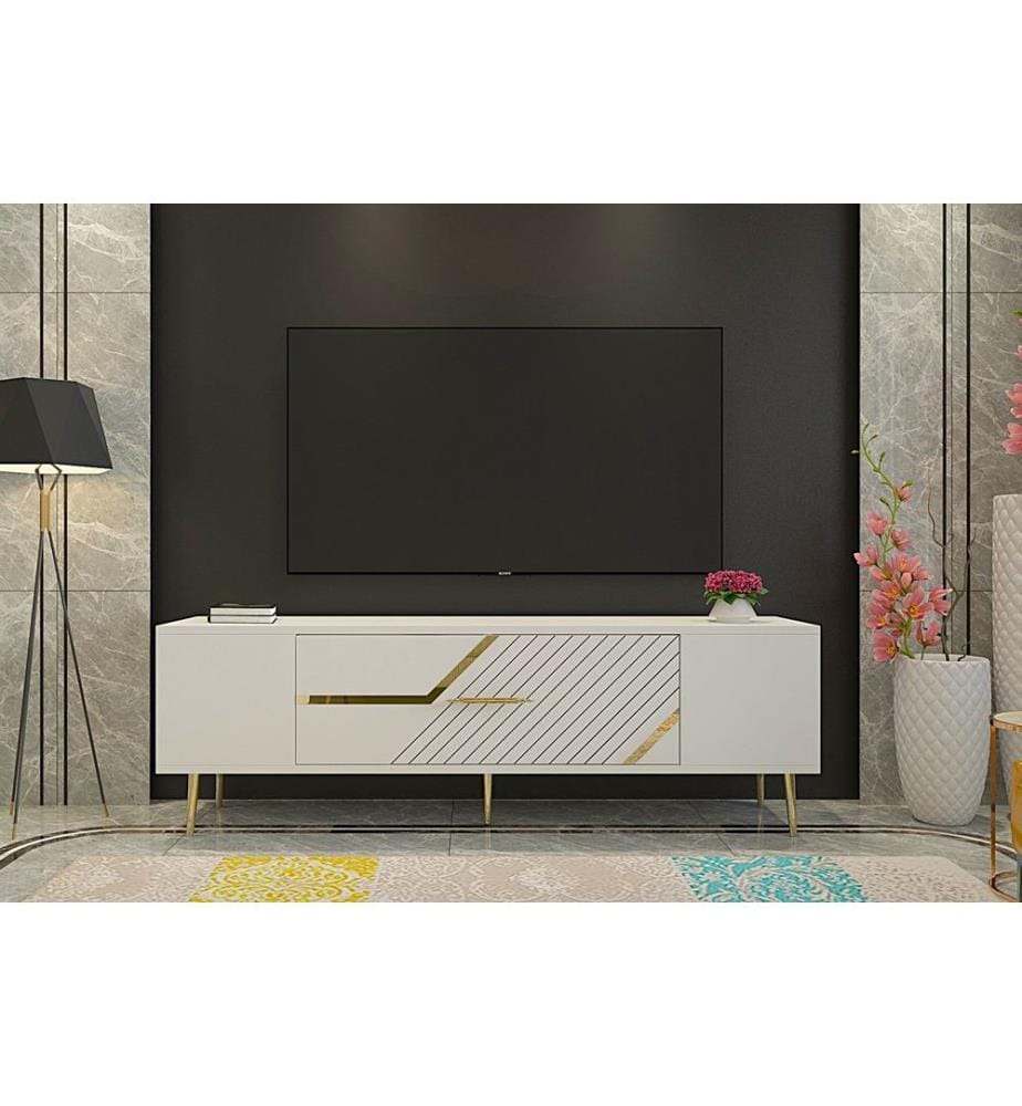 Meuble TV, blanc, doré, PANNEAU DE PARTICULES 100 % MÉLAMINÉ