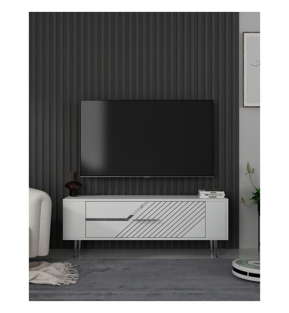 Meuble TV, blanc, argent, PANNEAU DE PARTICULES 100 % MÉLAMINÉ