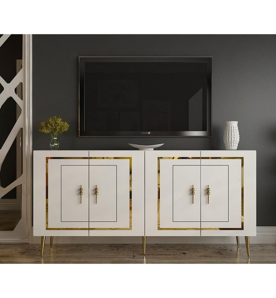 Console, blanc, doré, PANNEAU DE PARTICULES 100 % MÉLAMINÉ