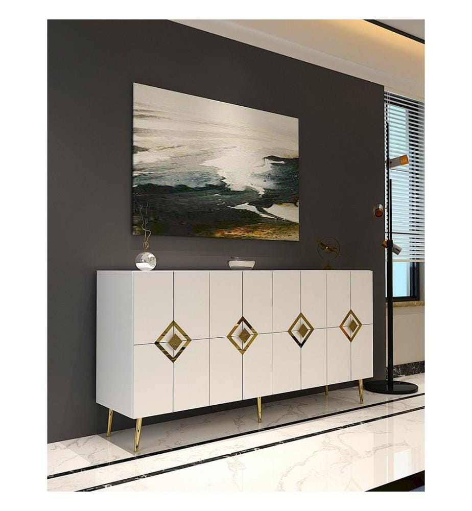 Console, blanc, doré, PANNEAU DE PARTICULES 100 % MÉLAMINÉ