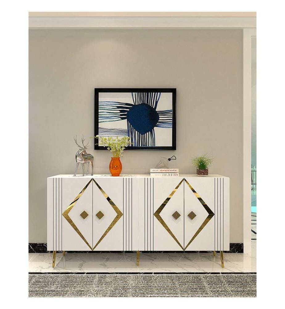 Console, blanc, doré, PANNEAU DE PARTICULES 100 % MÉLAMINÉ