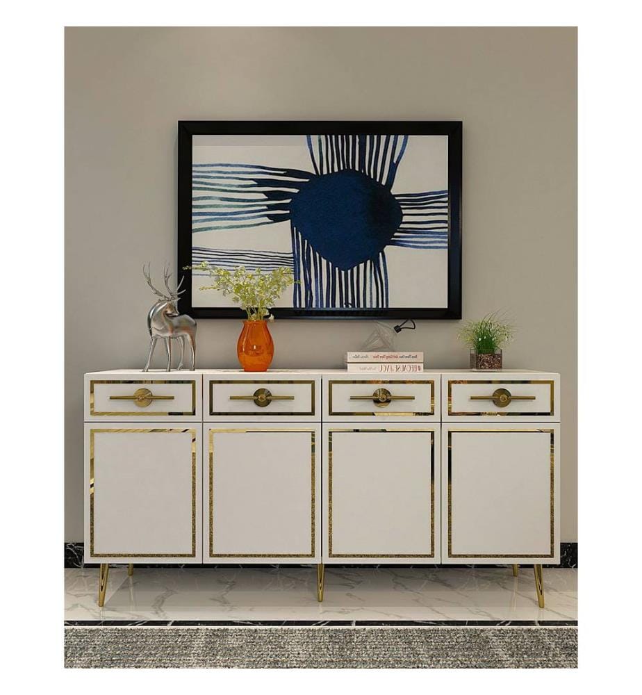 Console, blanc, doré, PANNEAU DE PARTICULES 100 % MÉLAMINÉ