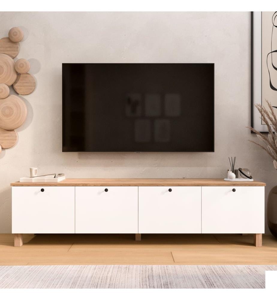 Meuble TV, panneaux de particules 100 % mélaminés, blanc, chêne