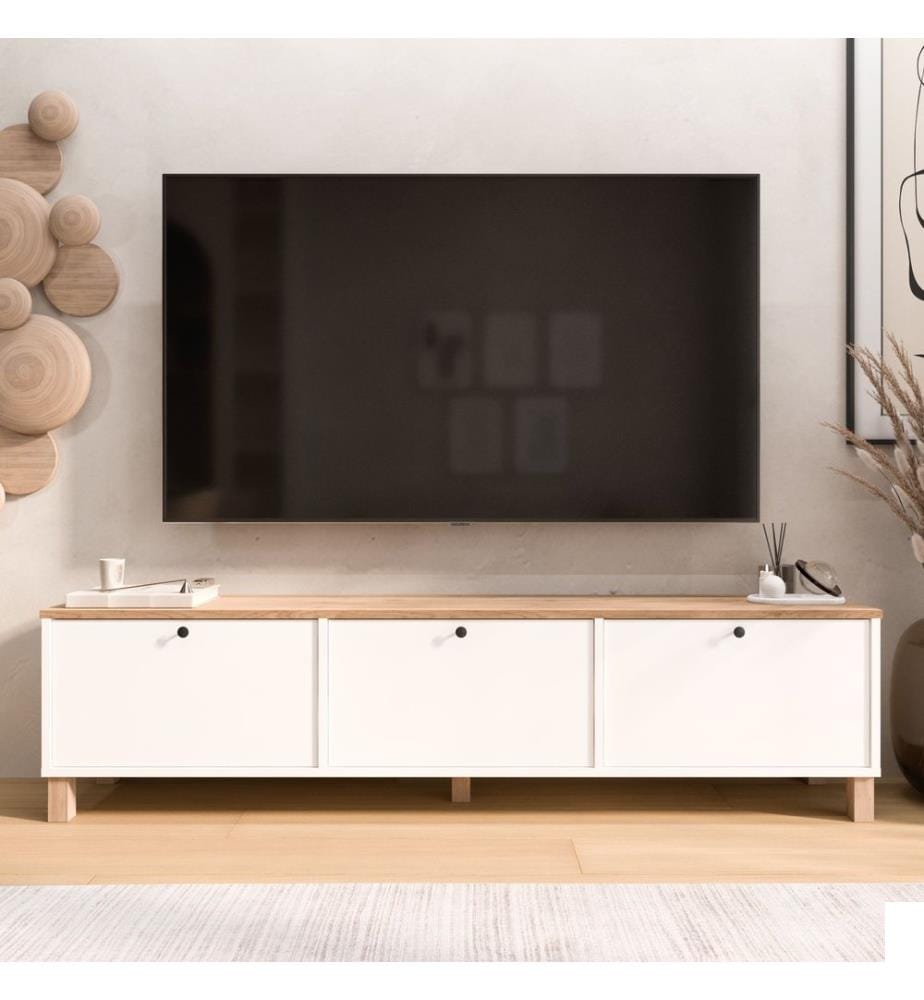 Meuble TV, panneaux de particules 100 % mélaminés, blanc, chêne