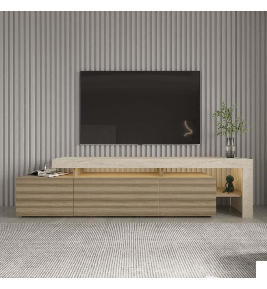 Meuble TV, panneaux de particules 100 % mélaminés, travertin, chêne chaud