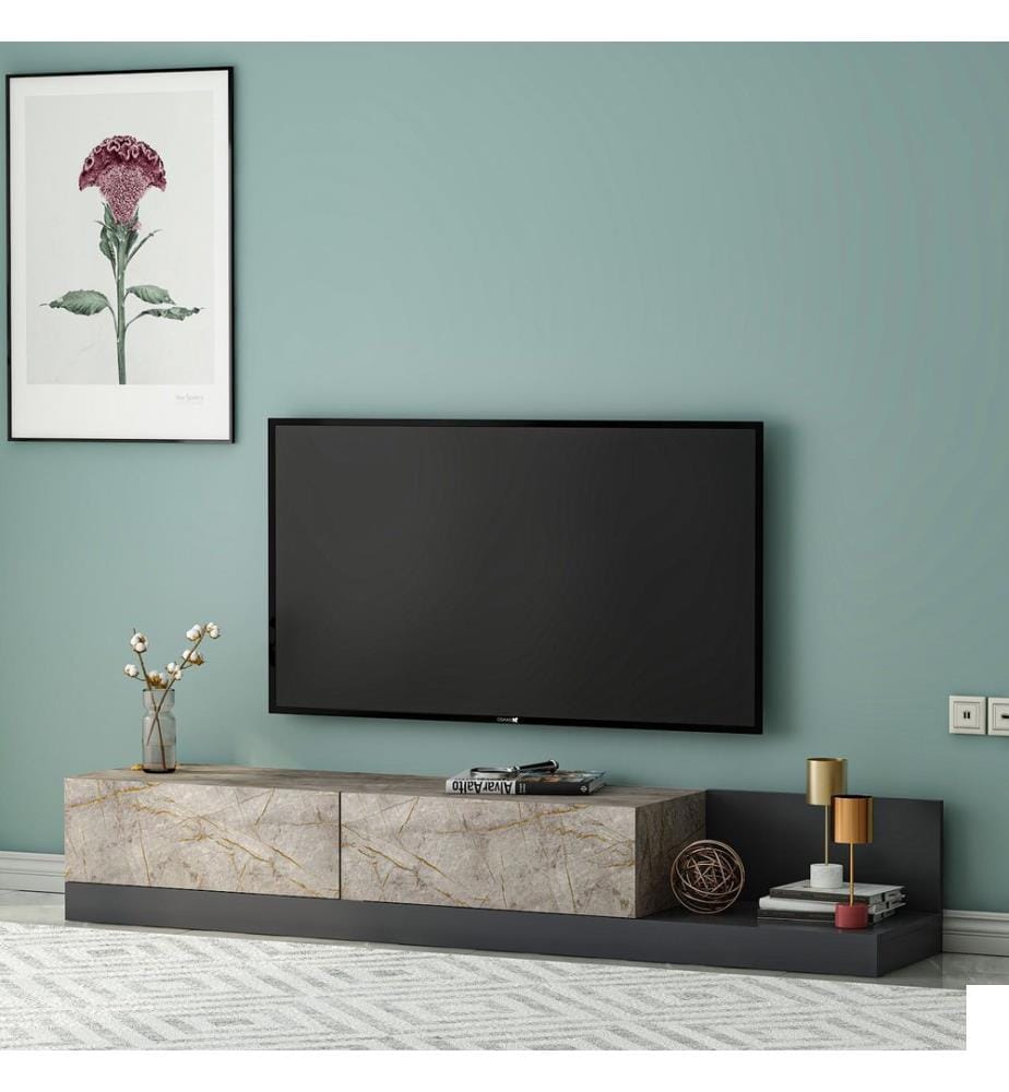 Meuble TV, panneau de particules 100 % mélaminé, marbre Gordion, anthracite